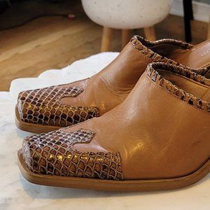 Leather and snakeskin mules